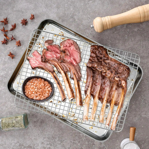 Stainless Steel Baking Sheet With Wire Rack Set 16 Inch By 12 Inch Pan And Cooling Rack With Cooked Lamb Ribs And Pink Salt