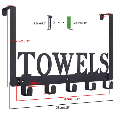 Front view of black metal over-the-door towel rack with four hooks for bathroom or bedroom by Bearings Canada