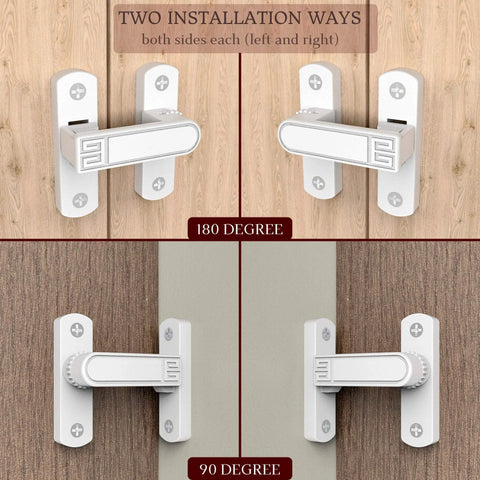 Adjustable 90 To 180 Degree Barn Door Latch Slide Lock With Knob shown in 90 and 180 degree installations on wood doors.