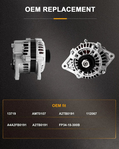 Plug And Play Alternator Replacement For Mazda Protege 1999 2000 2001 2002 2003 And Protege5 2002 2003 High Output Direct Fit Unit Ready To Install 13719 Durable Tested For Quick Install shown from front and side views