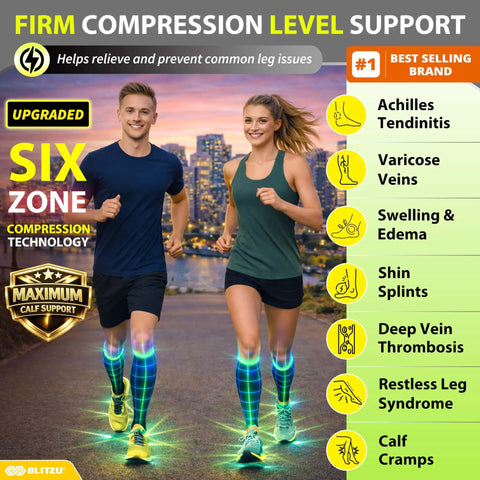 Two runners wearing footless calf compression sleeves for men and women, support for varicose veins, shin splints, swelling reduction.
