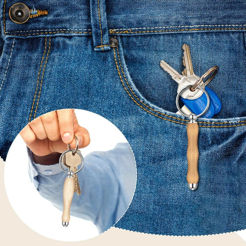 12 Piece Wood Turning Keychain Kit Set For DIYers And Woodworking Fans Includes Woodturning Mandrel And Accessories Perfect Gift For Carpenters And Hobbyists With 7mm Shank And Silver Finish, showing keychain attached to jeans pocket and hand holding it.