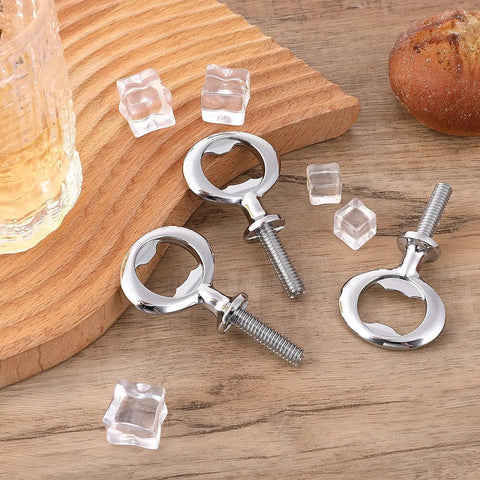 Bulk 15 Piece Metal Bottle Opener Kit With Zinc Alloy Inserts For DIY Wood Turning And Craft Projects Perfect For Valentines Day Weddings Wine Parties And Party Favors shown on a table with wood pieces and glass accents.