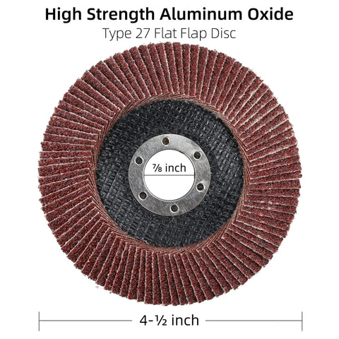 Power Through Metal With A 20 Piece Flap Discs Set For Angle Grinders For DIYers And Pros Four And A Half Inch Type 27 Aluminum Oxide Abrasive 40 60 80 120 Grits Seven Eighths Inch Arbor LotFancy, showing a high-strength aluminum oxide flap disc with dimensions.