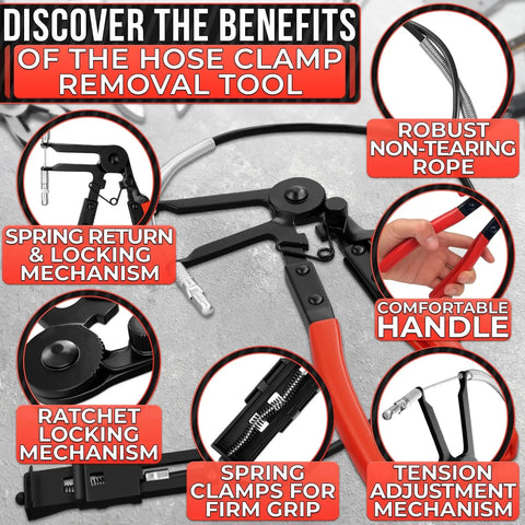 Radiator Hose Clamp Tool With Ratchet Locking Pliers for Easy One-Hand Operation showing design features and grip.