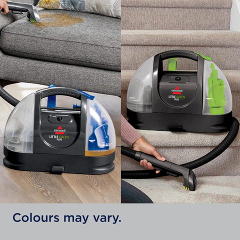 Portable Deep Carpet Cleaner For Home And Auto Use With 48oz Tank Stain Brush Self Cleaning Hydro Rinse Compact Design For Upholstery And Carpets Powerful Spray For Tough Spots BISSELL in action on carpet with highlighted features.