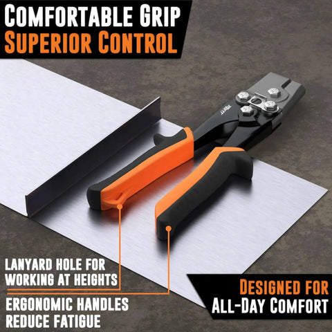 Beast Heavy Duty Snap Lock Punch Notcher with safety lock, ergonomic grip, and orange handles on a metal sheet; tool for gutter work.