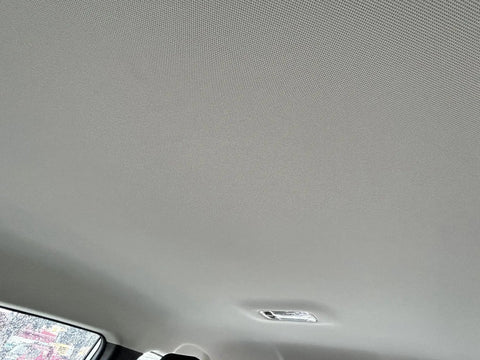 Mesh Headliner Fabric With Foam Backing For All Vehicles 60x40 In Light Grey installed inside a car ceiling view