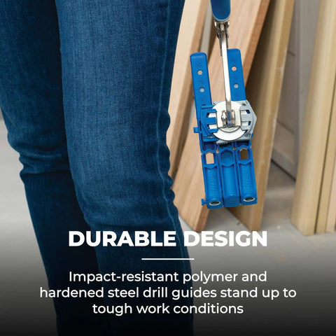 User holding Pocket Hole Jig 320 with Classic Two Inch Face Clamp, compact design for tight spaces, adjustable drill guides visible