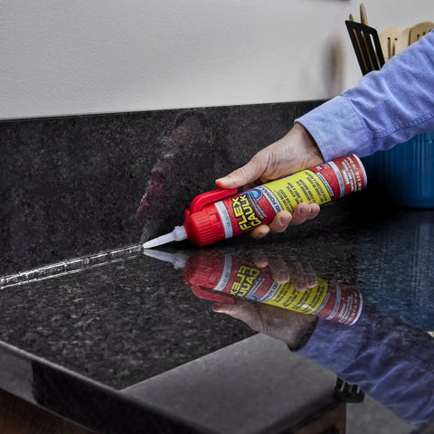 Applying Waterproof Hybrid Caulk Sealant Paintable Indoor Outdoor No Caulk Gun Needed on kitchen countertop seam