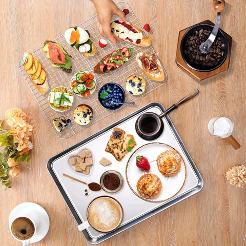 Stainless Steel Baking Sheet With Wire Rack Set 16 Inch By 12 Inch Pan And Cooling Rack With pastries displayed on top