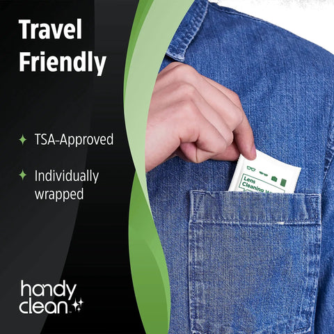 Person placing Non Scratch Streak Free Pre Moistened Lens Wipes For Glasses And Screens 200 Ct. in shirt pocket
