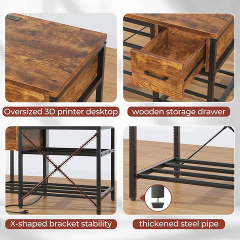 All In One 3D Printer Workstation with Filament Storage, Metal Table, Drawer, and Power Hub featuring wooden storage drawer and steel frame