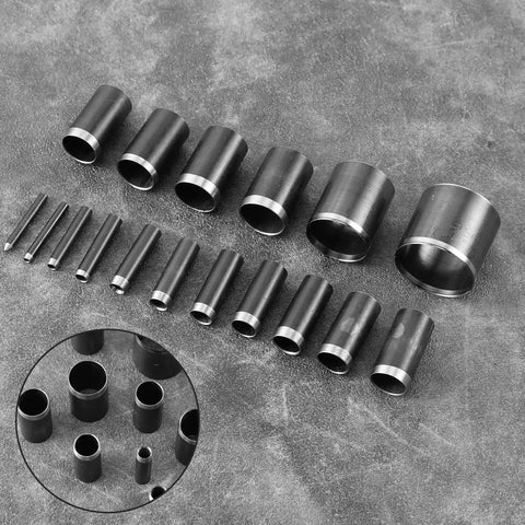 21 Piece Leather Circle Cutter Set With Circle Punches From 1mm To 15mm And 20mm 25mm 30mm 35mm 40mm 45mm 50mm Dies, shown on a table