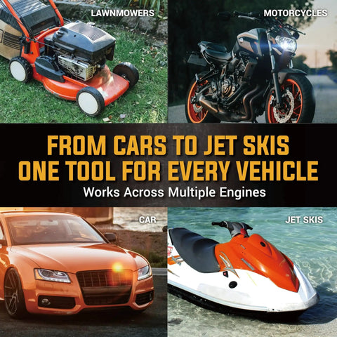 Collage showing a lawnmower, motorcycle, car, and jet ski, illustrating use of a 6L Vacuum Oil Extractor Pump With Long Reach Hose For Auto And Marine Oil Change.