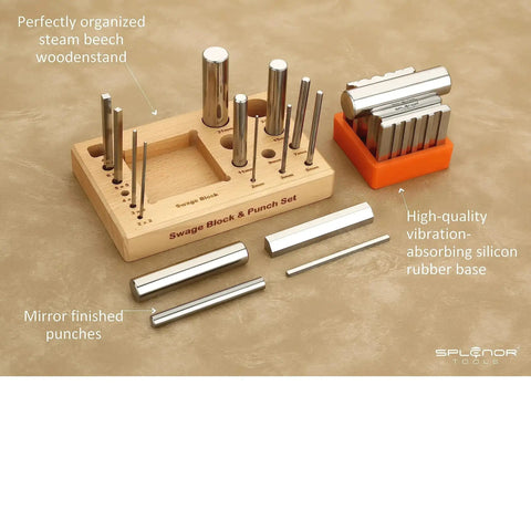 Steel 2.5 Inch Swage Block With 16 Punch Set for jewelry making on wood stand and rubber base, shown organized on a table.