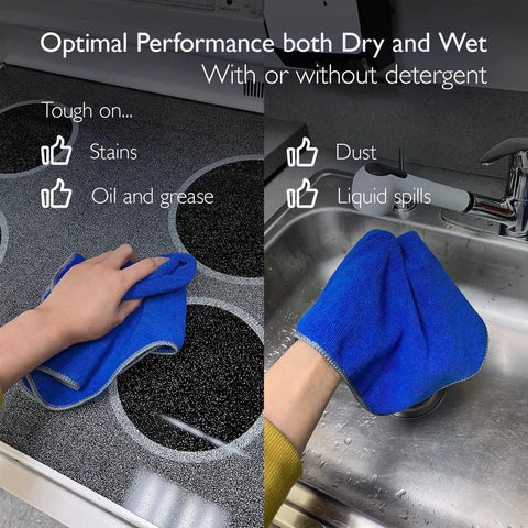 Premium Microfiber Cleaning Cloths Blue 16x16 12 Pack Reusable Non Scratch in use on stovetop and sink