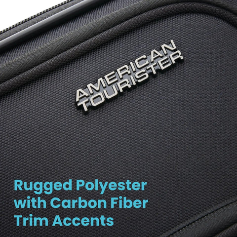 Close-up of Lightweight 20 Inch Spinner Carry On Luggage For Quick Getaways, black with carbon fiber accents and logo