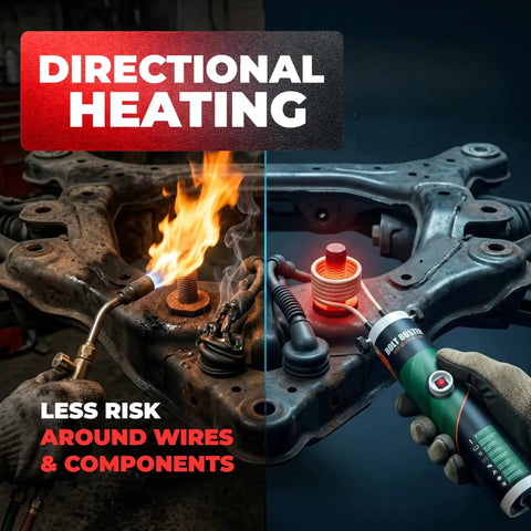 Bolt Buster induction heater handheld tool; split view with flame-heated bolt on left and coil-equipped device on right.