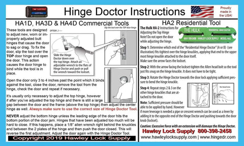 Instructions for HA2 AB Residential Hinge Repair Kit with illustrations and contact info for Hawley Lock Supply, made in USA.
