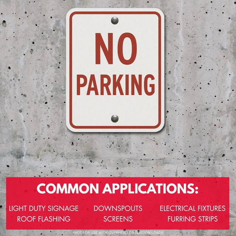 No parking sign on concrete wall with applications for one quarter by one quarter inch hammer drive concrete anchor nail 100 per box for concrete block and brick with mushroom head fasteners carbon steel nail and zamac alloy body corrosion resistant tamper proof light duty fastening.
