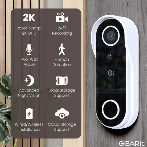 2K QHD Video Doorbell Camera With Chime Battery Powered Wireless For Home IP64 Weatherproof mounted on wall.