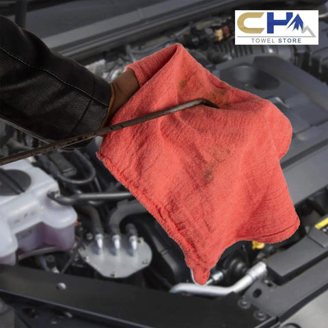 Hand using Red Cotton Shop Towels 100 Percent Cotton Multipurpose Mechanic Garage Rags Highly Absorbent Auto Detailing Cloths 12x14 Inches Pack Of 25 Ideal For Oil Wipes Messes And General Cleanup In The Shop on car engine