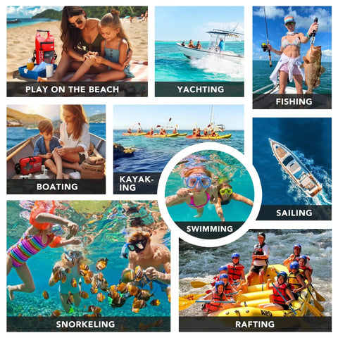 Collage of outdoor activities including beach, yachting, fishing, boating, kayaking, sailing, snorkeling, swimming, and rafting