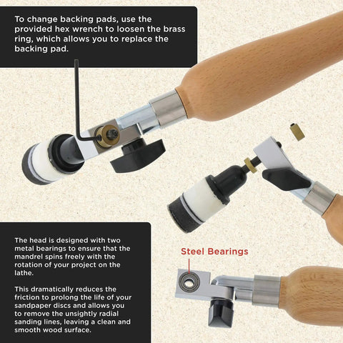 Woodturning Bowl Sander Kit With One And Two Inch Hook And Loop Backing Pads, Fifty Sanding Discs From Sixty To Three Hundred Twenty Grit, Dual Bearing, Hardwood Handle, One Quarter Inch Mandrel, Sandpaper Woodworking Tool Set By Dura Gold showing tool heads and bearings