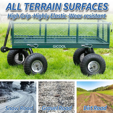 4.10/3.50-4 Inch Tire And Wheel Set, 10 Inch Pneumatic Wheel With Offset Hub installed on a garden wagon