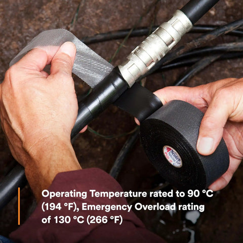 Applying Rubber Splicing Tape 23 Self-Fusing EPR Insulating Tape, 3/4 in x 30 ft, Black on cable splice, showing temperature rating