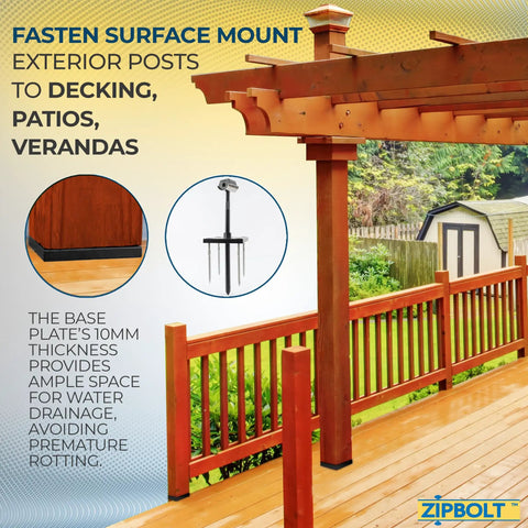 Exterior 4x4 Post Anchor For Decks Patios And Verandas With Hidden Fastener Design And No Fuss Easy Install Surface Mount For Secure Outdoor Posts Zipbolt 17800 XT Exterior Newel Post Anchor, shown installed on a wooden deck.