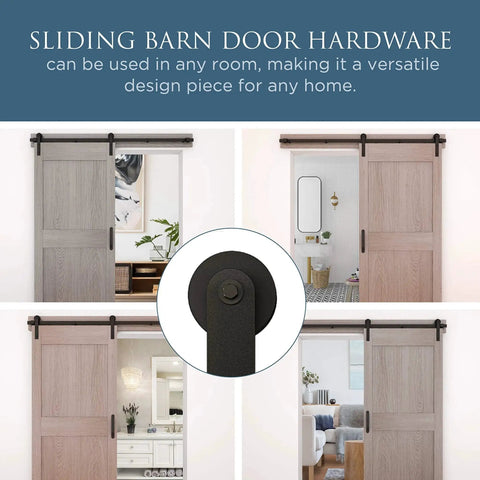 Builder Interior Sliding Barn Door Kit Two Piece 72 Inch Matte Black supports up to 36 inch openings, installed in various rooms.