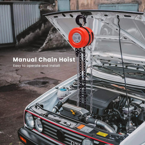 Hand Chain Hoist 1 Ton 2000 Lb Capacity 10 Ft Lift With 2 Heavy Duty Hooks red alloy on car, manual chain fall garage use