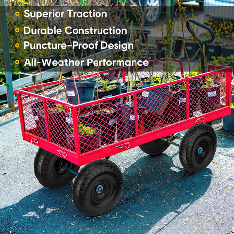4.00-6 Flat Free Tire and Wheel Set, 13 Inch Solid Tires 2 Pack with 5/8 Inch Axle Bore on a garden cart.