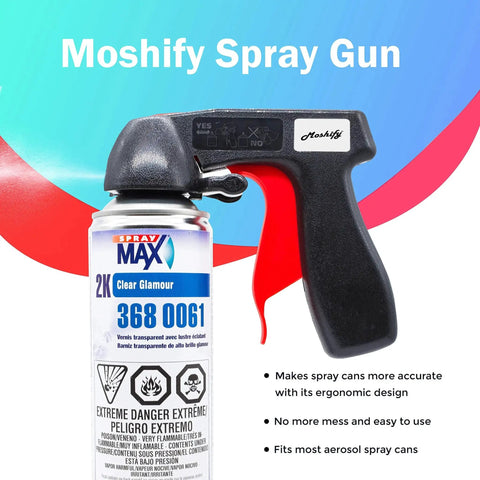 Front view of a spray can with Moshify trigger showing "Two Stage 2K Clear Coat Aerosol With Trigger For High Gloss Automotive Finish"