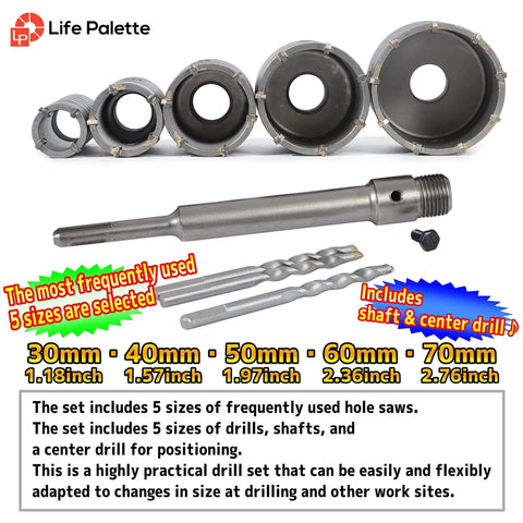 Five-In-One Hole Saw Kit With 7.9 Inch Pilot Drill For SDS Plus Hammer Drills Circle Drill Bits Set For Concrete Brick Cement Stone Wall Heavy Duty 30mm 35mm 50mm 75mm 100mm