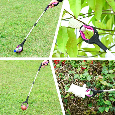 32 Inch Extra Long Foldable Grabber Reacher Tool With Strong Magnetic Grip And 360 Degree Rotating Anti Slip Jaw shown in outdoor use.