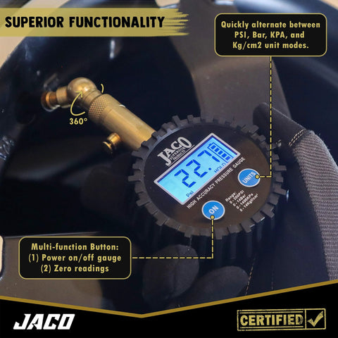 Digital tire pressure gauge, JACO Elite, blue backlit LCD display, 100 PSI range
