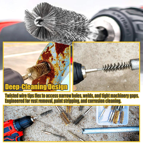 Pro Grade 14 Piece Bore Brush Set with Dual Material Stainless Steel and Brass Brushes, shown used on power drills and surfaces.