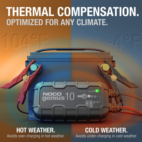 All In One 10 Amp 6 Volt 12 Volt Smart Battery Charger Maintainer Desulfator With Overcharge Protection And Temperature Compensation For Lead Acid And Lithium Batteries NOCO Genius10 with thermal compensation indicators.