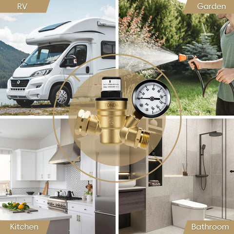 TONDA brass RV water pressure regulator with gauge and inlet filter, center image, surrounded by RV, garden, kitchen, and bathroom scenes.