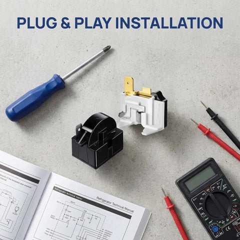 PTC Starter Relay 1 Pin For Refrigerator Replacement Kit with 6750C-0005P Overload Protector on installation setup surface