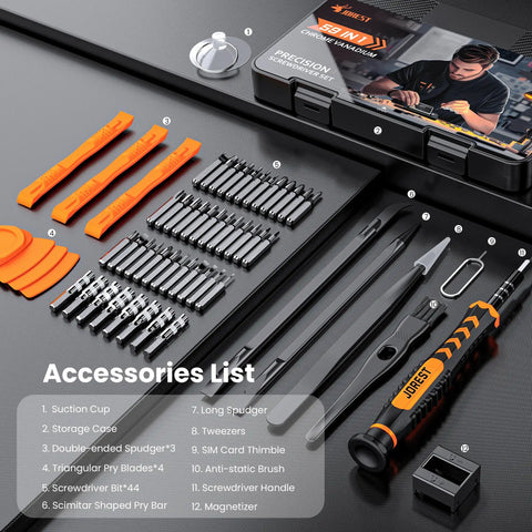 59 In 1 Precision Screwdriver Set With 44 Bits Including Torx T1 T2 T3 T4 T5 T6 T7 T8 T9 T10 T15 T20 Triwing Pentalobe And More displayed with tools and case