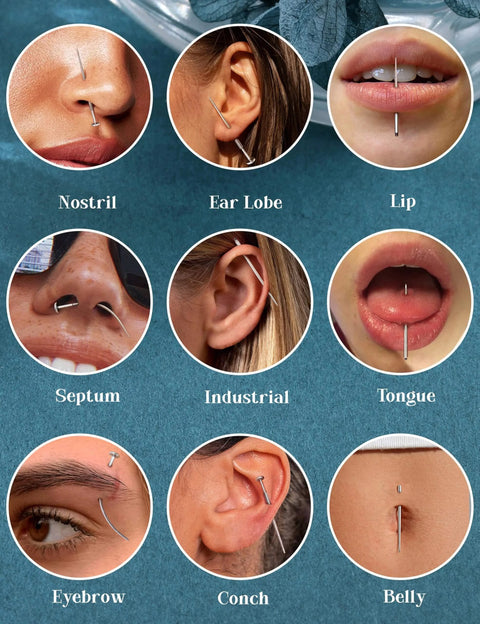 Variety of piercings shown including nostril, ear lobe, lip, septum, industrial, tongue, eyebrow, conch, and belly with threader kit