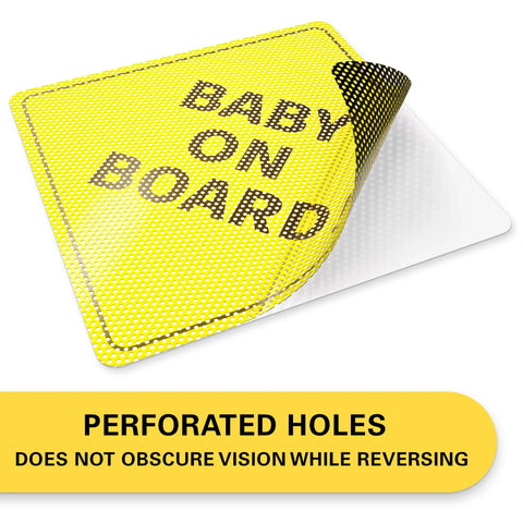 Baby On Board Car Sign 2 Pack 5x5 Inch Bright Yellow See Through When Reversing Durable Adhesive Non Magnetic Safety Sticker For Kids Great For Daily Use And Easy To Attach To Any Vehicle close-up of sign showing perforated design.