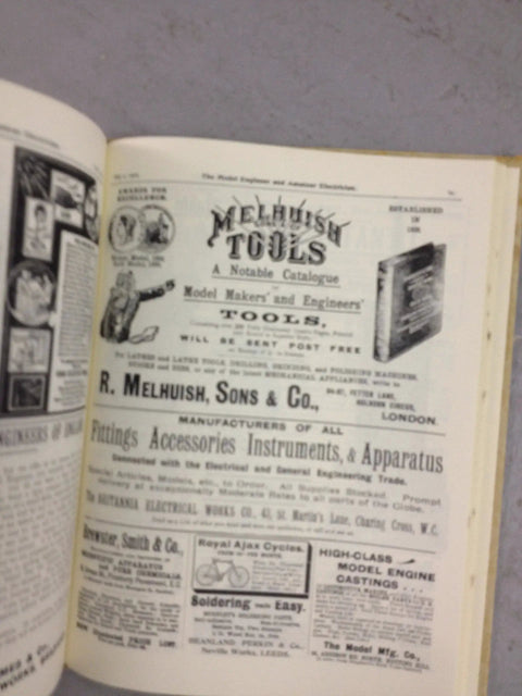 Open page of Vintage The Model Engineer And Amateur Electrician Volume Six 1902 Reprint showcasing Melhuish tool ads and diagrams.