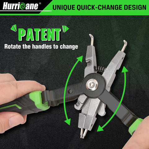 Pro Grade 8 Inch Quick Turn Snap Ring Pliers With Interchangeable Tips for internal and external rings shown in use.
