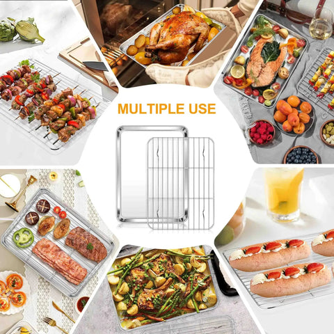 Collage of Stainless Steel Quarter Sheet Pan With Rack 9x13 Inch used for roasting, baking, and meal prep with various foods