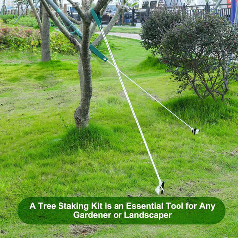 Heavy Duty Tree Stakes And Ground Anchor Kit for young trees, weatherproof support with 3 metal stakes and straps securing a tree in a garden.